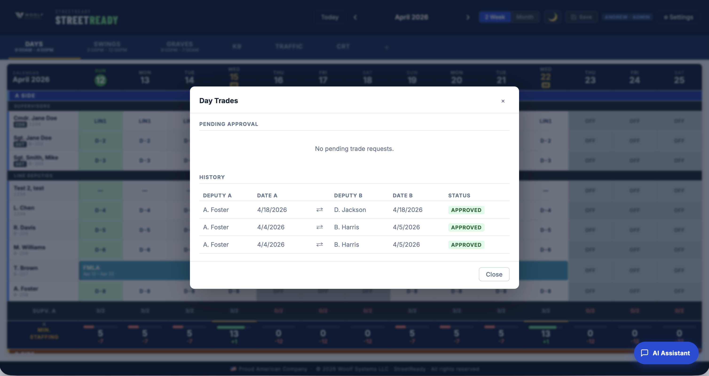 StreetReady day trades workflow — shift swap requests and approval history with full audit trail