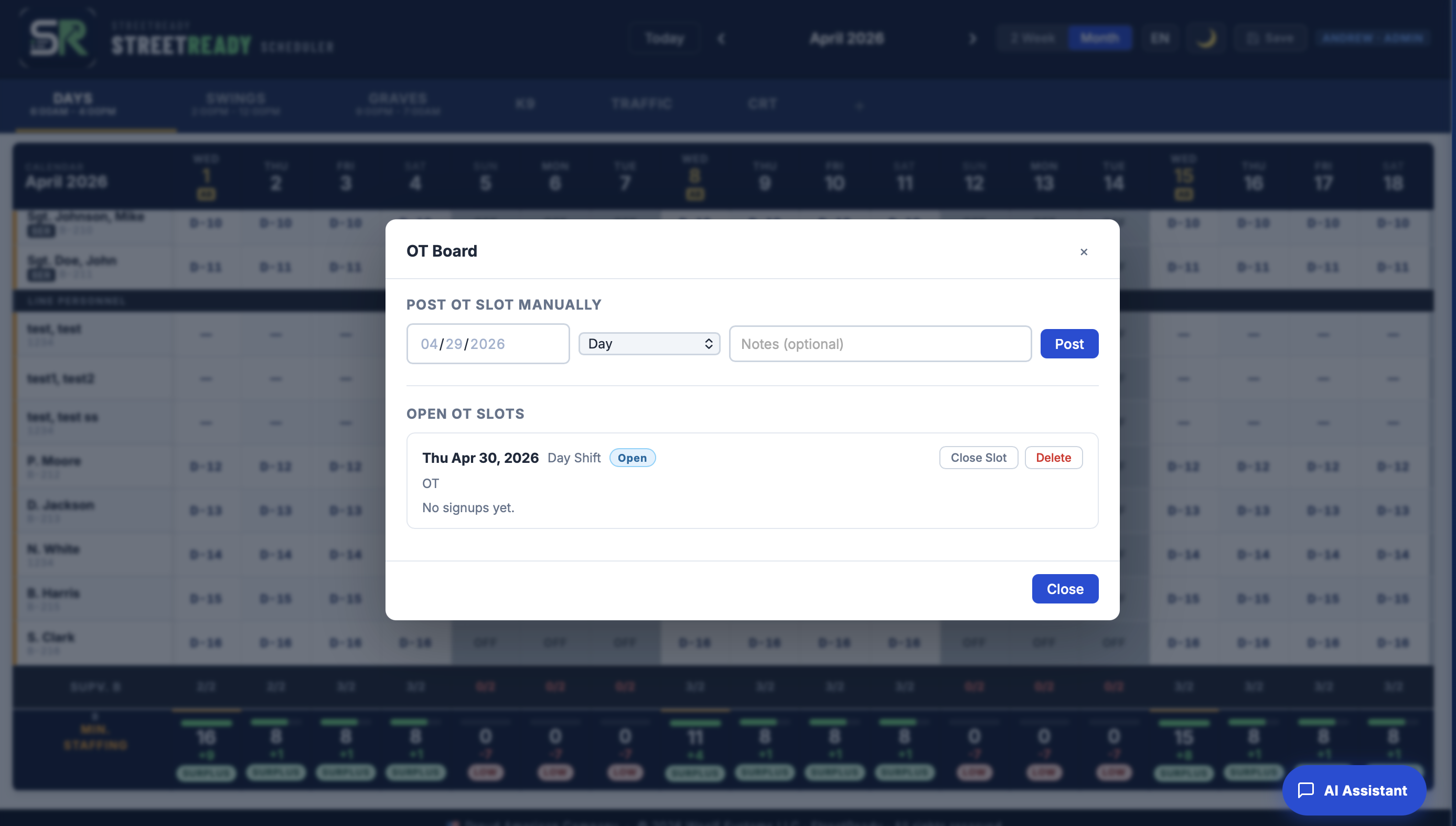 StreetReady OT Board — post overtime slots manually, list open slots with signups, close or delete with one click